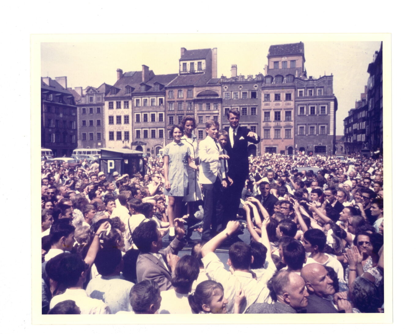 Robert and Ethel Kennedy and their children Kathleen, Joseph, and Robert, Jr. greet the citizens of Warsaw. June 28 – July 1, 1964.