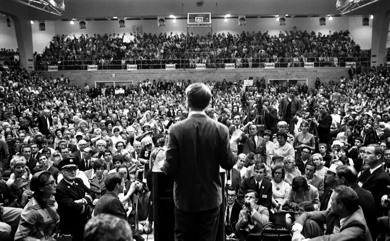 Robert F. Kennedy addresses a crowd during his presidential campaign stop, 1968